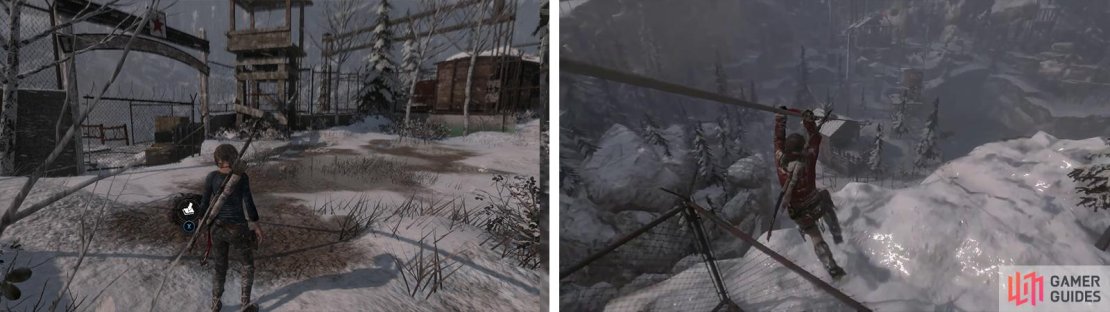 As you approach the guard tower you&rsquo;ll find Survival Cache 04 nearby (left). When you are ready to continue use the tower to reach a zipline to the next area (right).