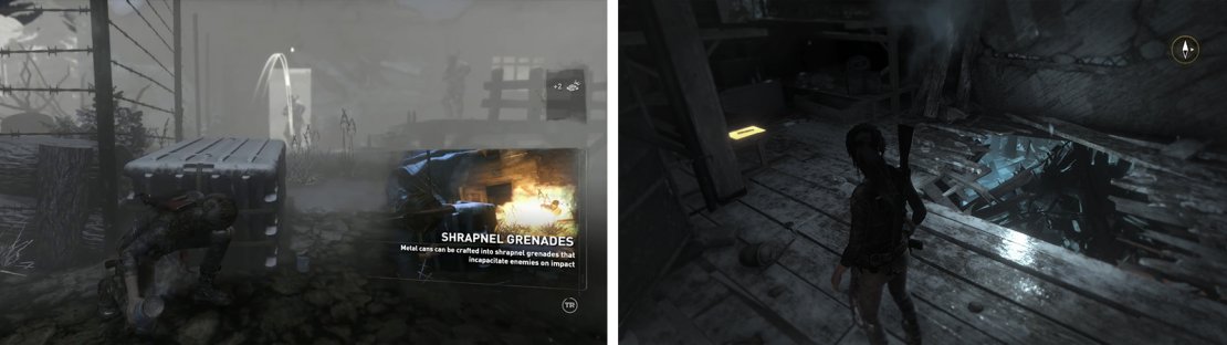 Craft a grenade to kill the enemies in front (left). Inside you&rsquo;ll find a Laptop and Document 15 (right) before dropping down the hole to continue.