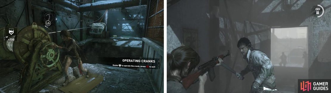 Use the winch to pull the generator out of the water (left). Exit the door and you&rsquo;ll encounter enemies - shoot them to proceed (right).
