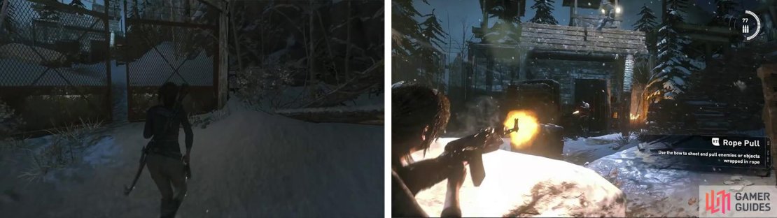 Enter the gate and you&rsquo;ll be ambushed (left). Use Rope Arrows to pull down the structure (right).