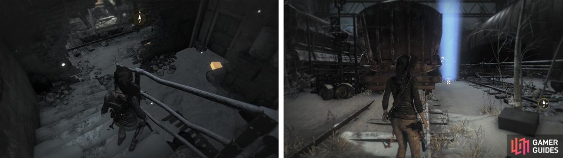 At the bottom of the stairs you&rsquo;ll find Relic 08 (left). In the train yard you&rsquo;ll find Survival Cache 09 (right).