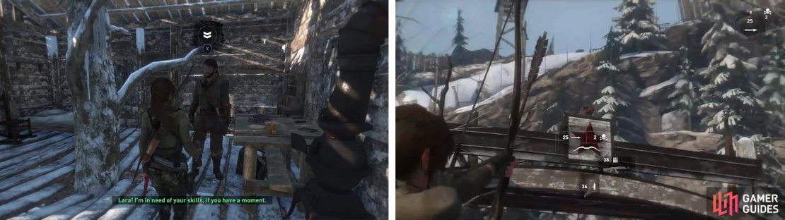 Accept the mission from the &lsquo;Logging Camp&rsquo; Base Camp (left). You&rsquo;ll find the target bird atop the gate here (right).