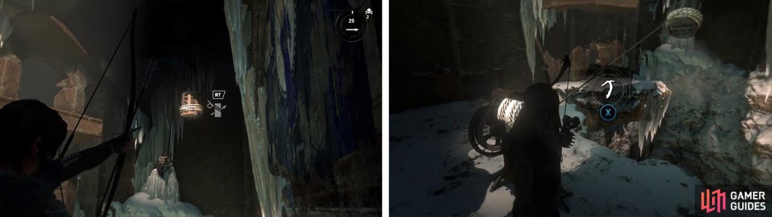 Once the counterweight has been lowered, attach a rope to the cogwheel here (left). Wind it in and cut the rope when the snow starts blowing into the room (right).