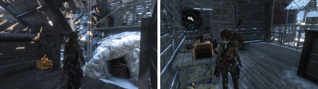 From the lower building use Rope Arrows to create a passage back to the upper building (left). You&rsquo;ll find Relic 17 in the lower room here (right).