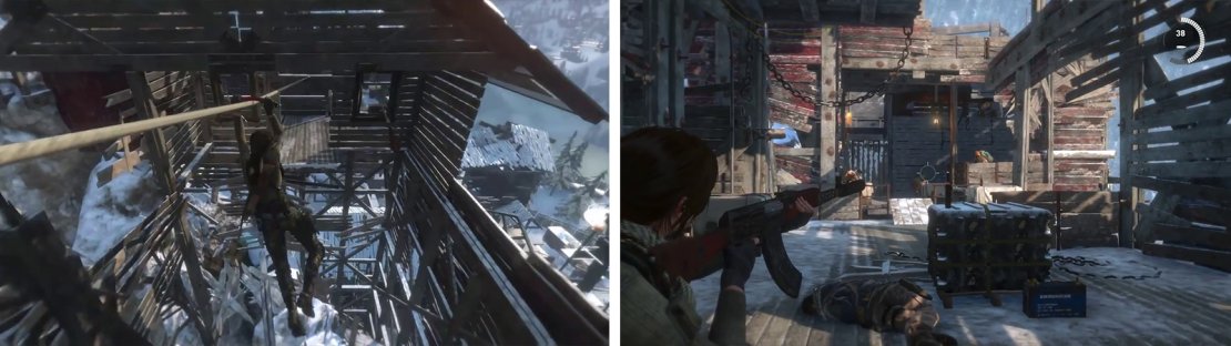 After ziplinging down this rope (left) you&rsquo;ll immeditaely be attacked. Use your Molotovs, Poison Arrows or rifles to take down the two groups of enemies quickly (right).