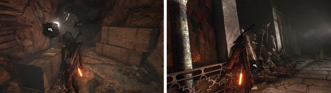 At the top of the first room you&rsquo;ll find Document 01 (left). When you reached the paved area, Document 02 can be found along the left wall (right).
