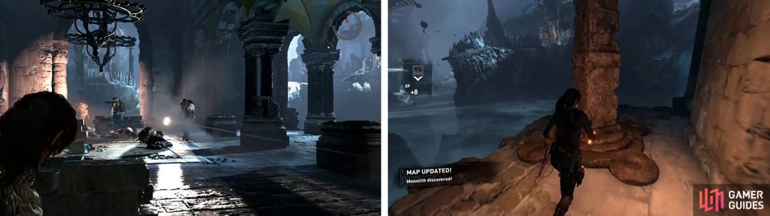 After dealing with the ambush (left), exit onto one of the balconies to find the region&rsquo;s Monoloth (right).