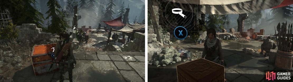 When you reach the Geothermal Valley grab the Strongbox (left). Beneath the white tent you&rsquo;ll find Relic 01 (right).