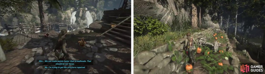Catch the chickens for the &lsquo;Fowl Play&rsquo; challenge (left) and grab the Monolith near the pumpkin patch (right)