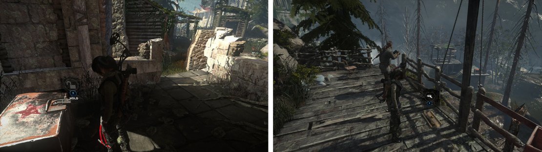 Inside the large ruin you&rsquo;ll find Document 02 and a Strongbox 02 (left). On the viewing platform to the north is Document 04 (right).