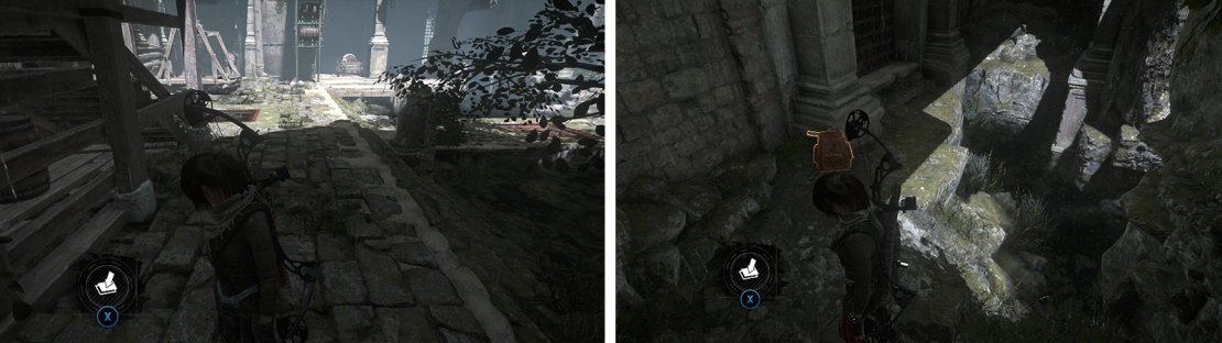 Survival Cache 03 is on the right side of the puzzle room (left). Swim through the underwater tunnel nearby to find Survival Cache 04 and an Explorer&rsquo;s Satchel (right).