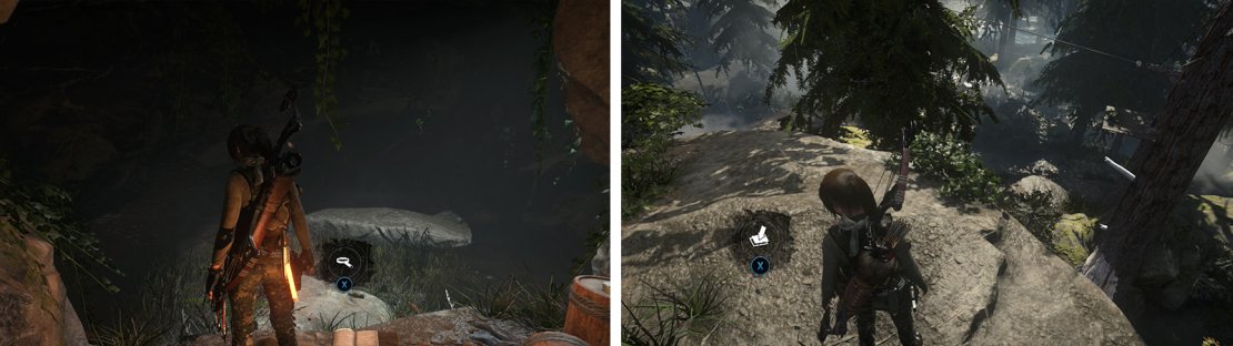Inside the southern cave you&rsquo;ll find Document 09 (left). At the top of the scalable wall nearby there is Survival Cache 07 (right).