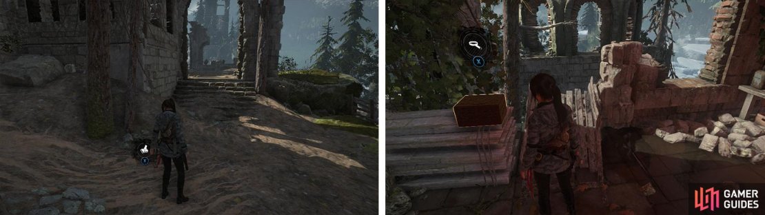 Between the sets of curved stairs you&rsquo;ll find Survival Cache 10 (left). At the top of the large ruin is Relic 05 (right).