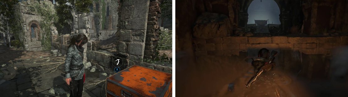 Find Strongbox 04 north of the ruins (left) and continue into the first Crypt at the end of which you&rsquo;ll find Crypt Treasure 01 (right).