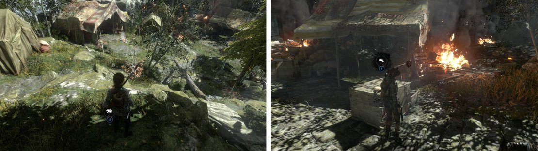 Before enetering town grab Survival Cache 01 (left). Opposite the Base Camp you&rsquo;ll find Document 02 (right).