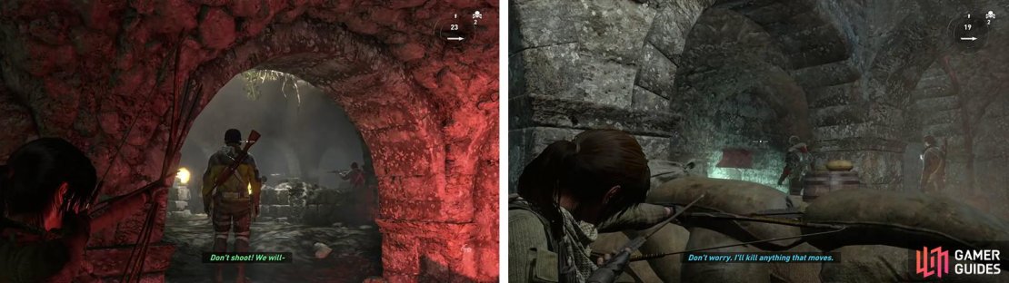 Eliminate the group of enemies at the end of the hallway (left). After dropping through the floor, you&rsquo;ll need to deal with another pair below (right).