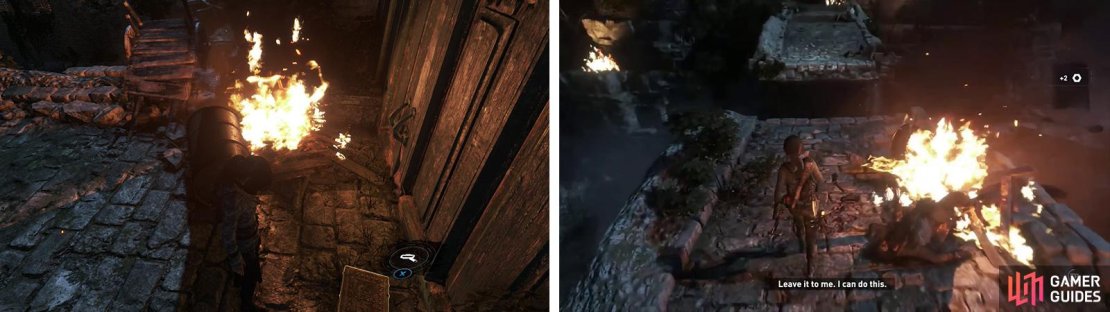 Relic 03 is located at the end of the bridge (left). We&rsquo;ll need to destroy the gate at the oppposite end of the bridge (right) to progress.