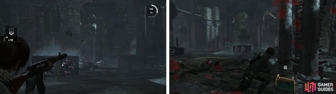 In the final room, you&rsquo;ll be able to attack three enemies first (left) before waves of enemies will stream into the room (right).