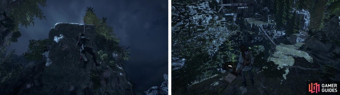 Use the Grapple Axe to reach the ledge above (left). You&rsquo;ll find Document 09 in the shrubs nearby (right).