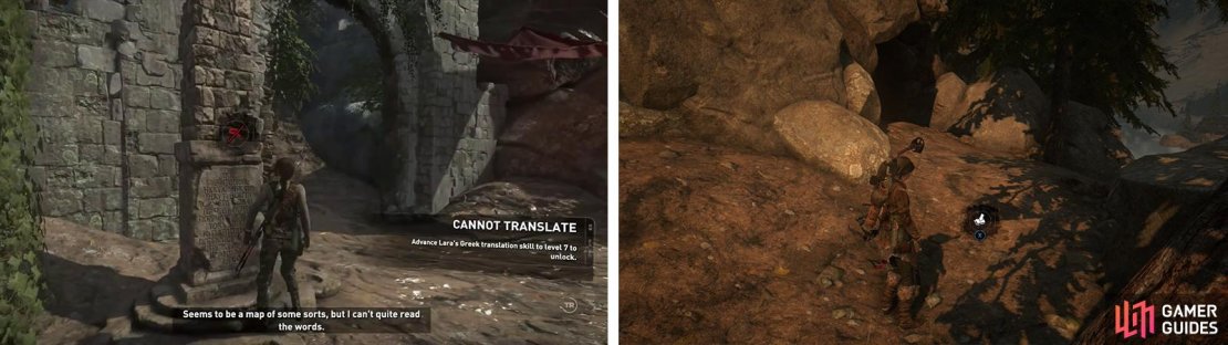 Decipher the Monolith by the &lsquo;Ruins Encampment&rsquo; Base Camp (left) and then nab Coin Cache 04 by the entrance to the Crypt (right).