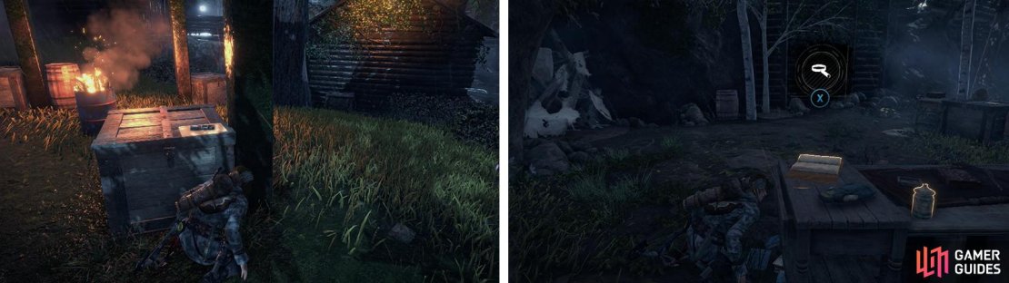 On the west side of the area is Document 21 (left). Find the nearby dirt ramp and at the top you&rsquo;ll find a blocked cave and Document 22 (right).