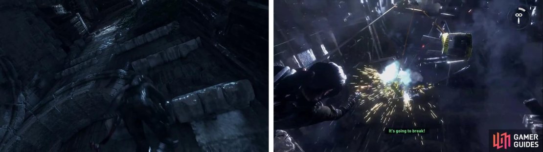 Climb to the top of the cathedral&rsquo;s interior (left). During the cut-scene, shoot the generators (right) to continue.