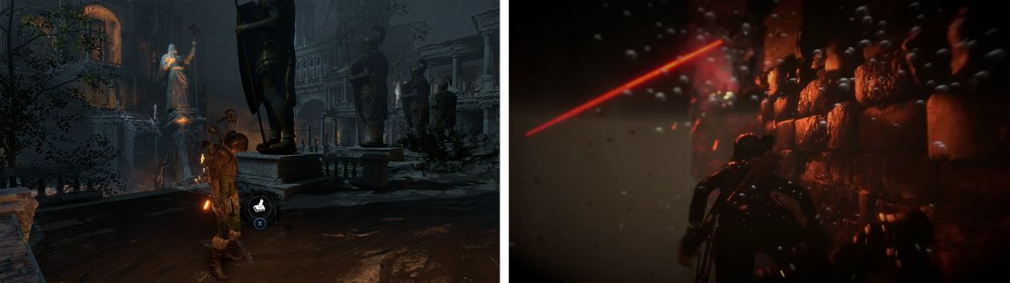 Survival Cache 01 is by the Camp Fire (left). Enter the door to the south and use water takedowns to eliminate the enemies (right).