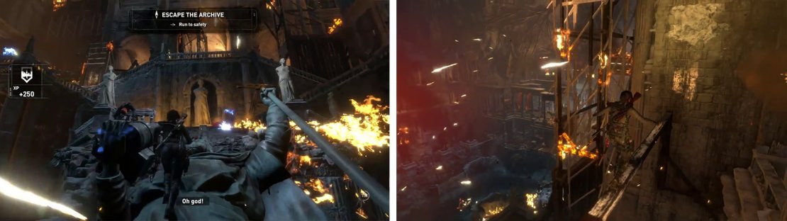 When you regain control we&rsquo;ll need to run (left). Make your way across the set platforming path to the top of the room (right).