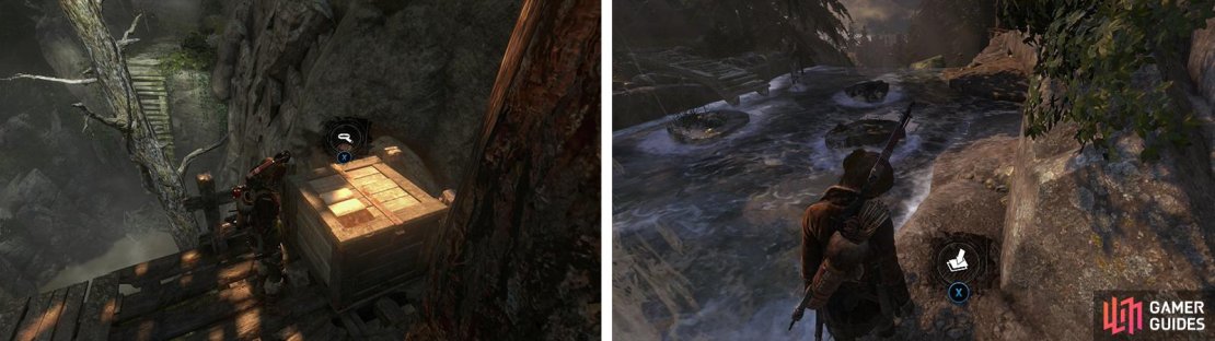 Before crossing the broken bridge, grapple axe up to the wooden platform for a Document 29 (left). Near the waterfall, you&rsquo;ll find Survival Cache 17 (right).