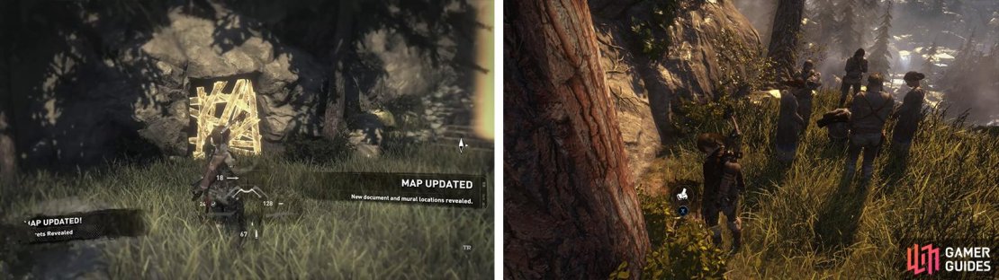 Destroy the barrier to find Relic 11 (left). Head down the hill to find a funeral - beside the people here you&rsquo;ll find Survival cache 19 (right).