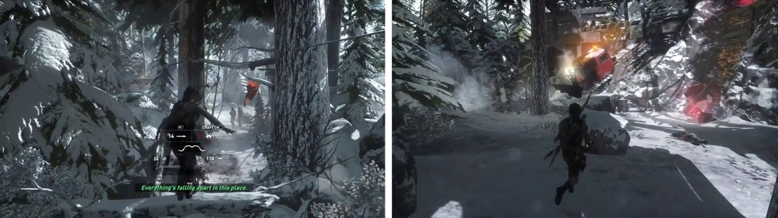There are numerous enemies in the first stealth encounter (left). take out as many as possible form above. Afterwards, look behind the crashed snow plough (right) for an Archivist&rsquo;s Map.