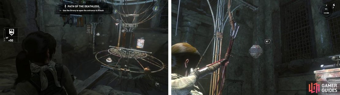 We&rsquo;ll need to reach the top of the puzzle room (left). Use your Rope Arrows on the globes to rotate sections into place (right).