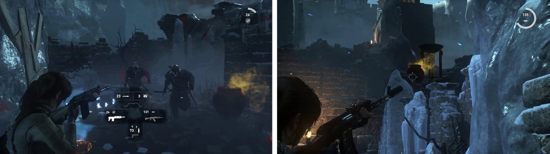 Use your weapons of choice to eliminate the Deathless soldiers (left). When the area is clear, look for the signal pyres (right) shoot these for the &lsquo;Enemy of my Enemy&rsquo; area challenge.