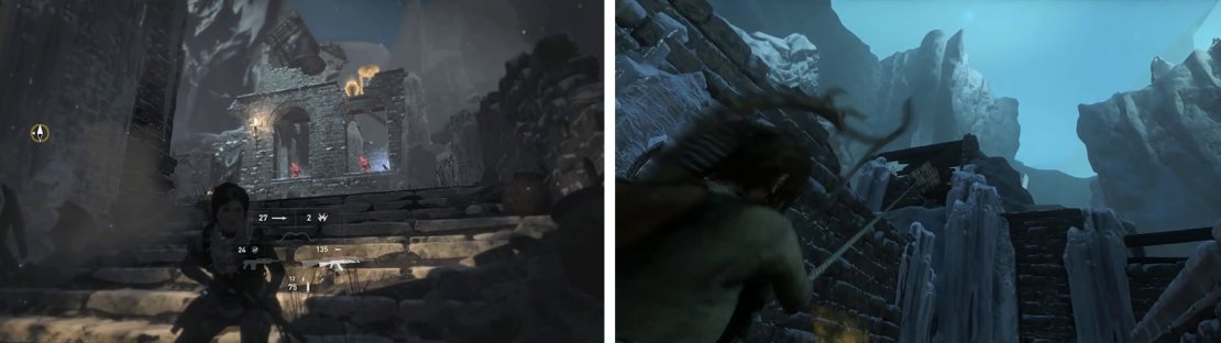 Eliminate the Archers before lighting the pyre on the roof (left). From their location, turn around and pull down the rope barrier for another signal pyre (right).