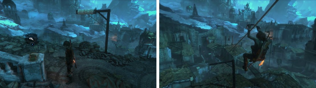 Grab Document 01 (left) before sliding down the zipline to continue (right).
