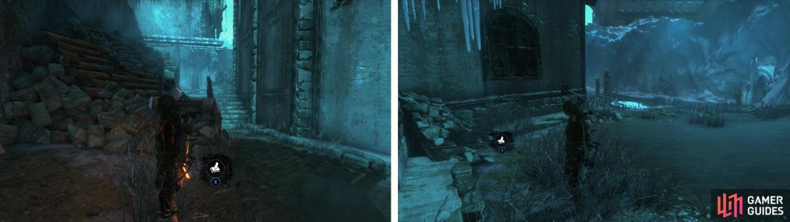 By the base of the stairs you&rsquo;ll find Survival Cache 02 (left) and Coin Cache 02 (right) by the buildings opposite the entrance to the Challenge Tomb.