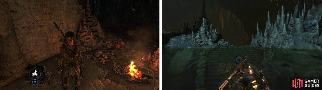 Grab Survival Cache 03 by the Camp Fire (left). Enter the water (right) and look for an underwater tunnel to the right leading to a room with Survival Cache 04 and an Archivist&rsquo;s Map.