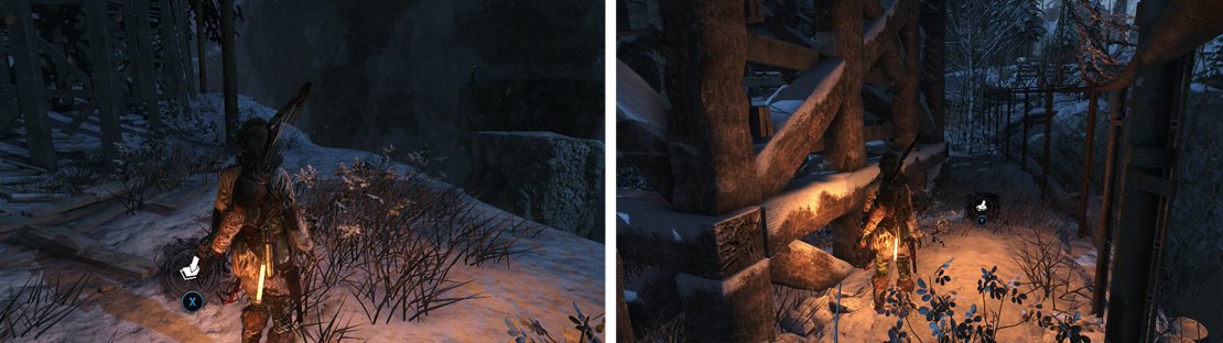 Survival Cache 21 is located at the clifftop near the Copper Mill (left). Coin Cache 08 (right) is behind the silo near the &lsquo;Logging Camp&rsquo; Base Camp.