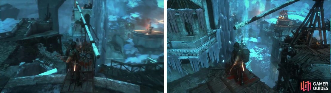 Position to the beam so that you can access the top of the tower (left). Attach the bucket to the beam and rotate it so that it fills with water (right).