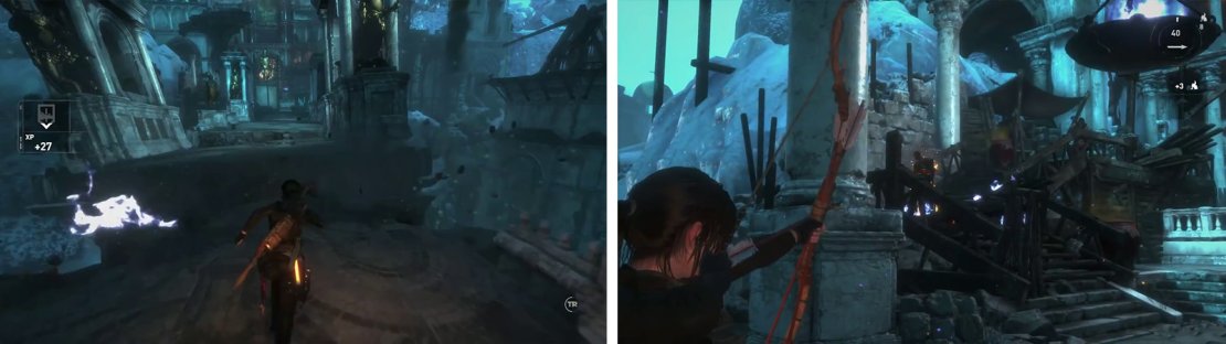 Make your way across the collapsing bridge (left). At the end you&rsquo;ll need to fight the Deathless (right) again use the barrels to help kill them quickly.