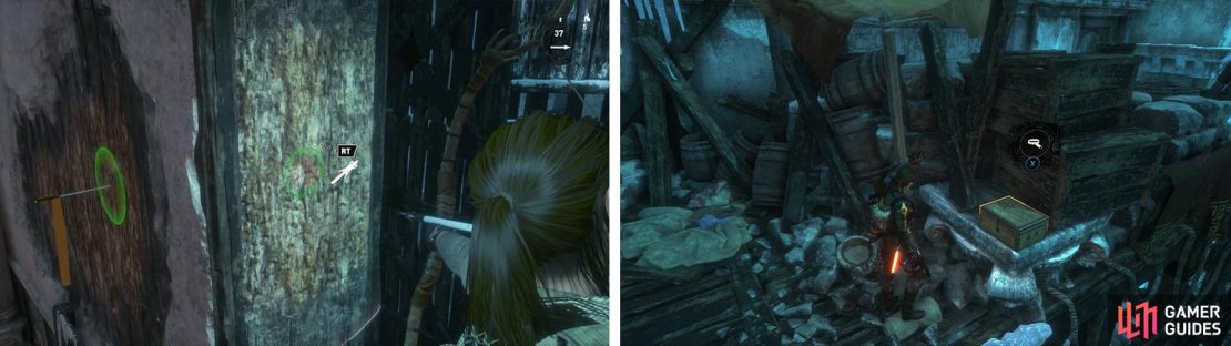 Use the Broadhead Arrows to climb the walls by the Base Camp (left). At the top you&rsquo;ll find Relic 10 (right).