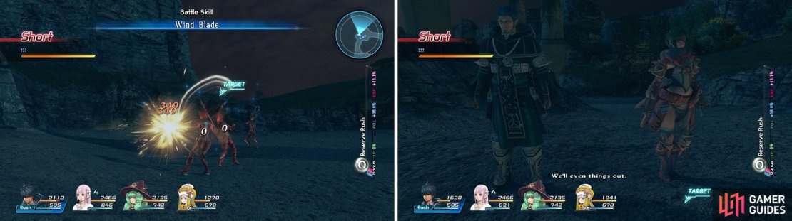 You won&rsquo;t be able to damage the mysterious foes (left) until two friendly strangers arrive to help (right).