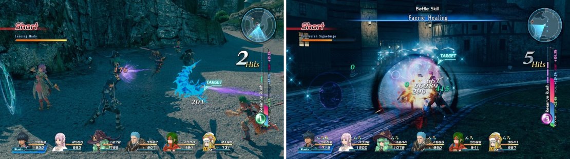 Lancing Hodos are a good source of experience and SP (left). The Trei&rsquo;kurans will infinitely respawning in Central Resulia (right).