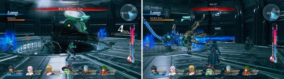 Eliminators should always be defeated first (left). The Guardian Beast&rsquo;s Crystal Ray is a very dangerous attack (right).