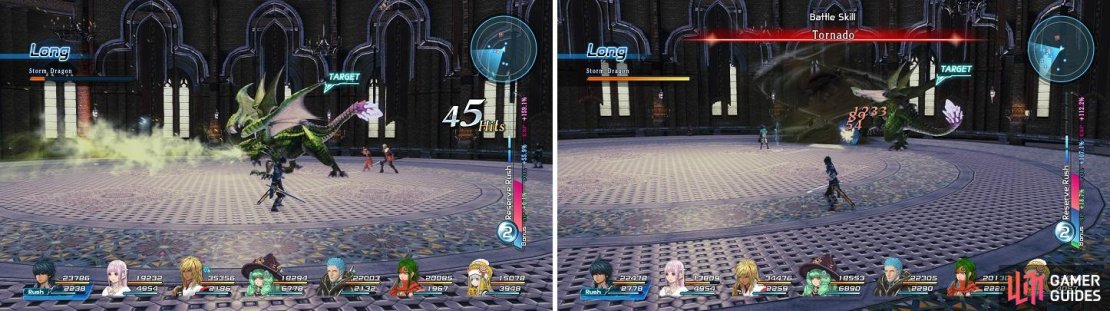The breath attack (left) and Tornado (right) are the Storm Dragon&rsquo;s most dangerous attacks.