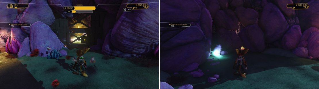 You can&rsquo;t get the Gold Bolt from the front (left), but you can see some rocks you can blow up (right) if you follow the wall.