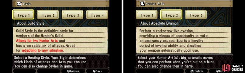Select your starting hunting style and art(s). Don&rsquo;t worry, you can change them later!