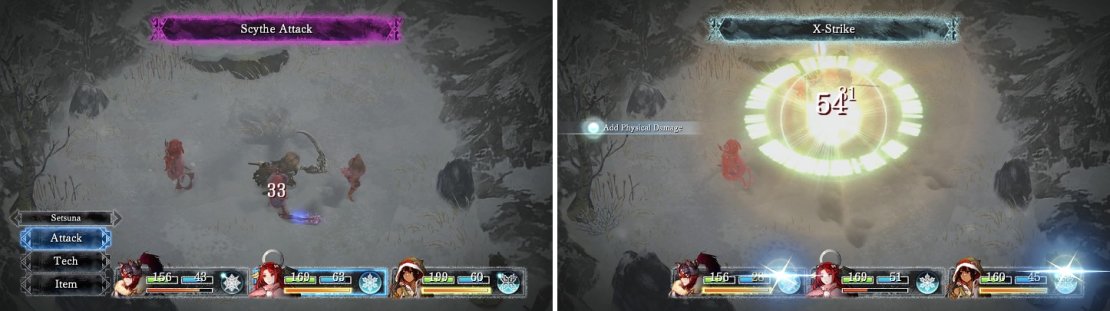 Reaper&rsquo;s only move is Scythe Attack (left). X-Strike is a great combo to use for damage (right).