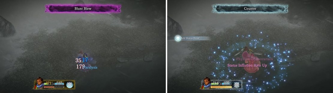 Paralysis is a troublesome ailment, since you can&rsquo;t use your abilities (left). Counter makes this fight a cakewalk (right).