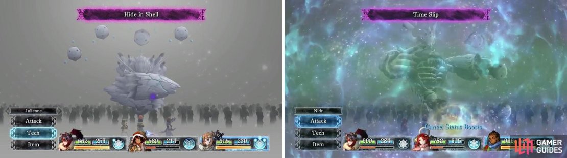 You might see some familiar moves when fighting the final form (left). Time Slip is annoying since it removes all of a character&rsquo;s buffs (right).